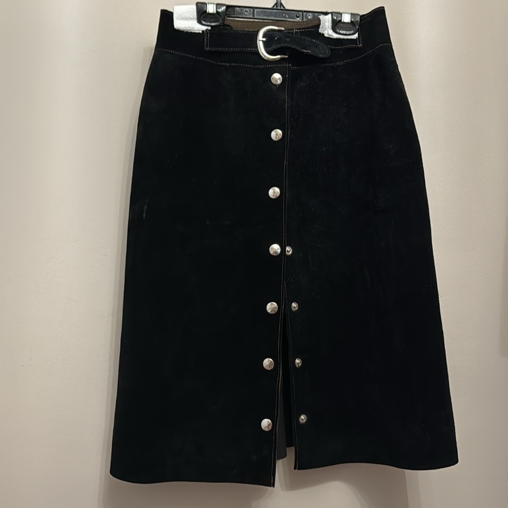 Vintage Soft Suede Dark Black Snaps Belted High Waisted Funky Chic Midi Skirt